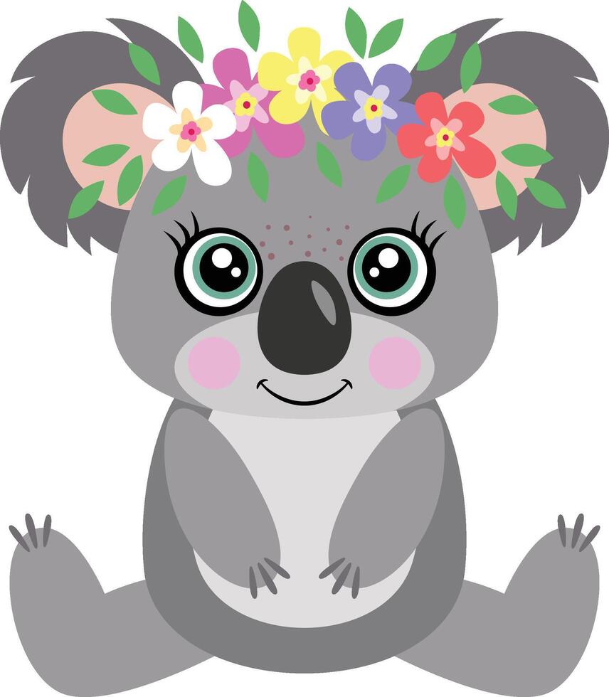 Adorable koala sitting with wreath floral on head vector