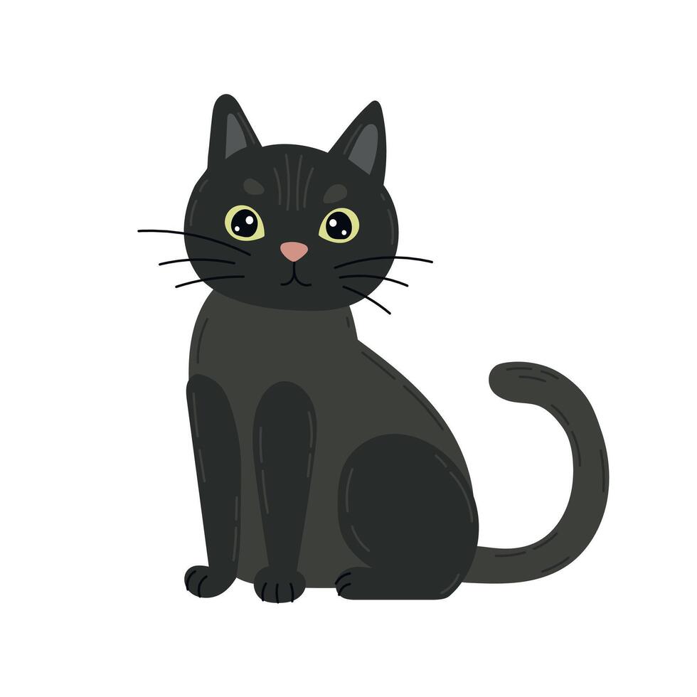 Black cartoon cat with green eyes and sleek fur sits calmly in a minimal flat sketch, ideal for Halloween prints, pet-themed designs, or character art vector