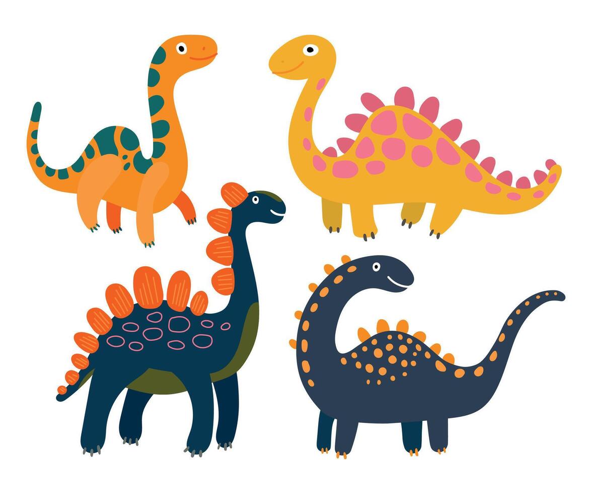 Grouped cartoon dinosaurs in cheerful poses with bright hues, perfect for educational stickers, birthday posters, and fun prehistoric illustration sets vector