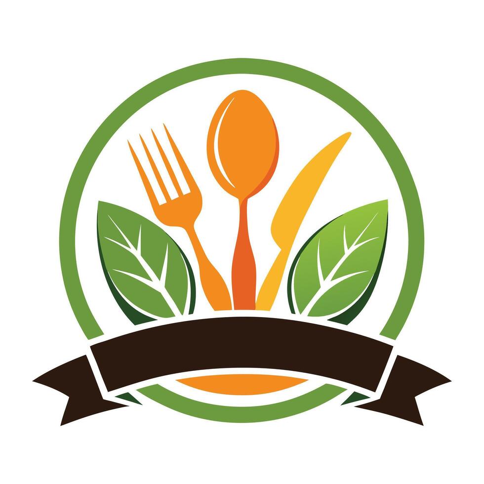 Isolated cutlery with leaves in a circular and dark brown ribbon banner vector