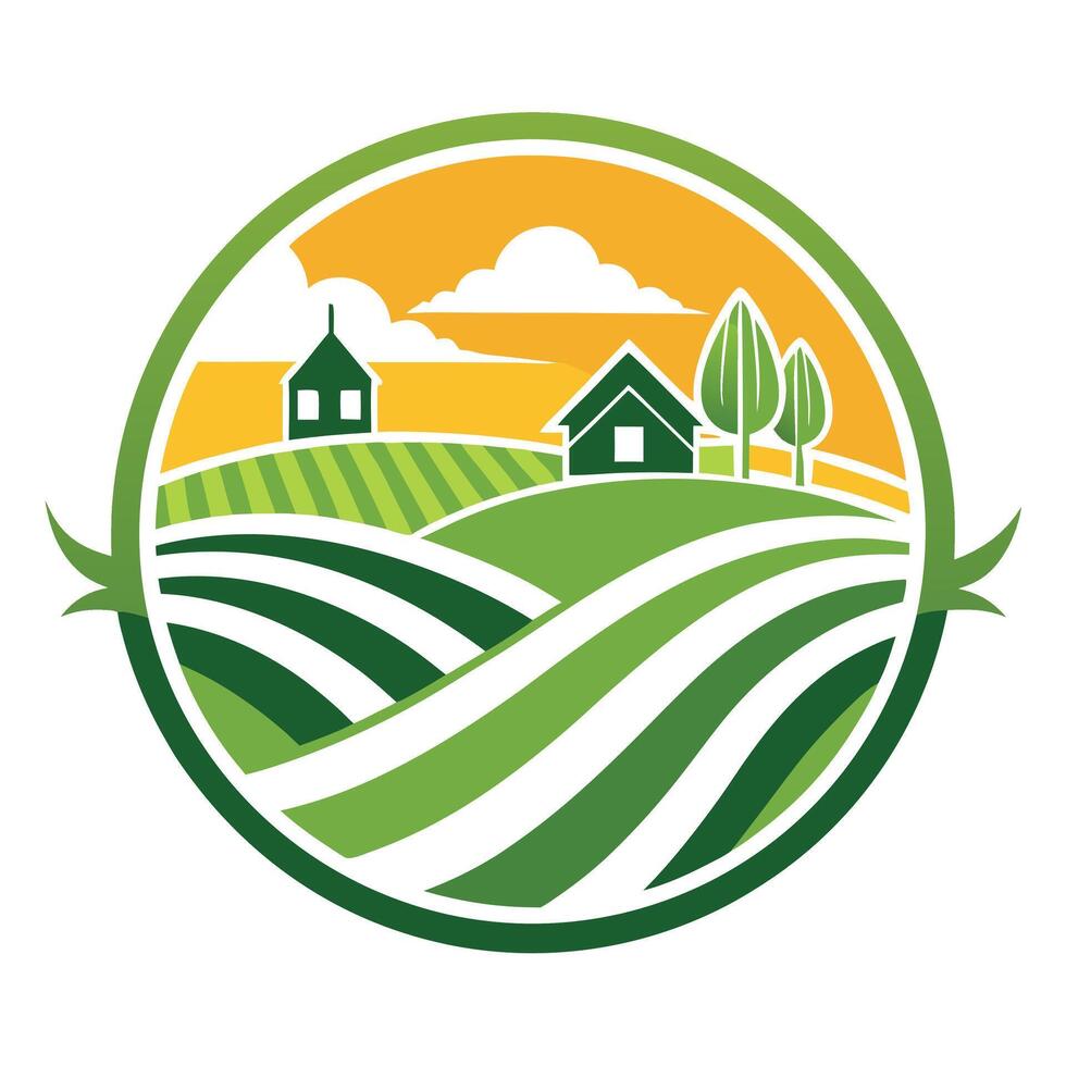 Landscape Farmhouse View With Trees and Rolling Hills Farm Land Illustration vector