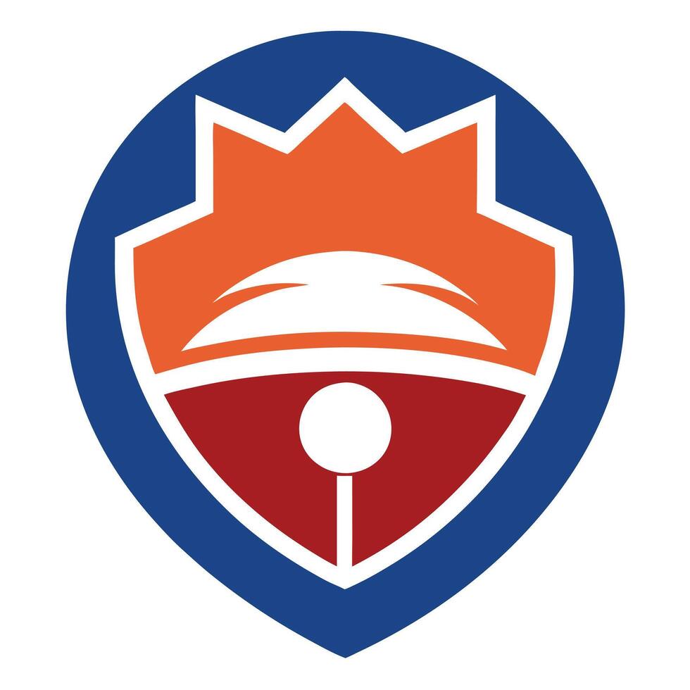 Abstract shield icon with orange crown on top, blue pin outline on white vector