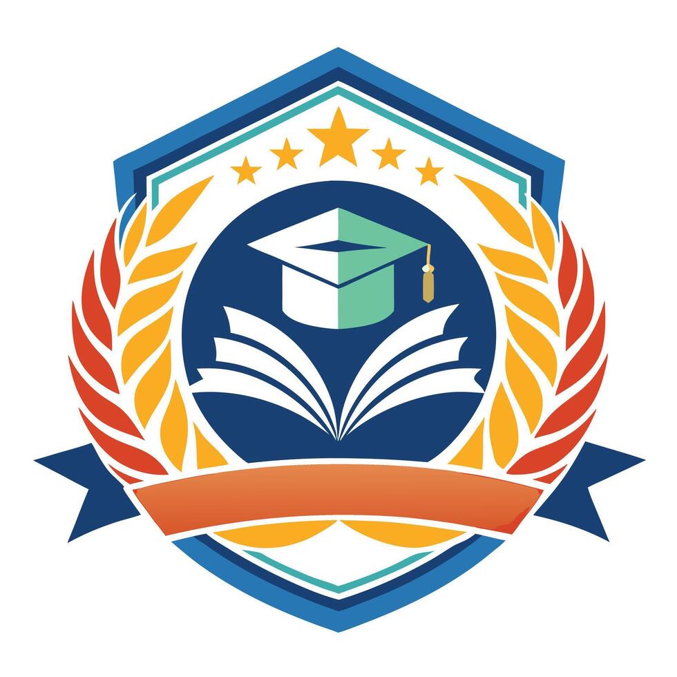 Colorful Shield with Graduation Cap over Open Book and Gold Stars on White vector