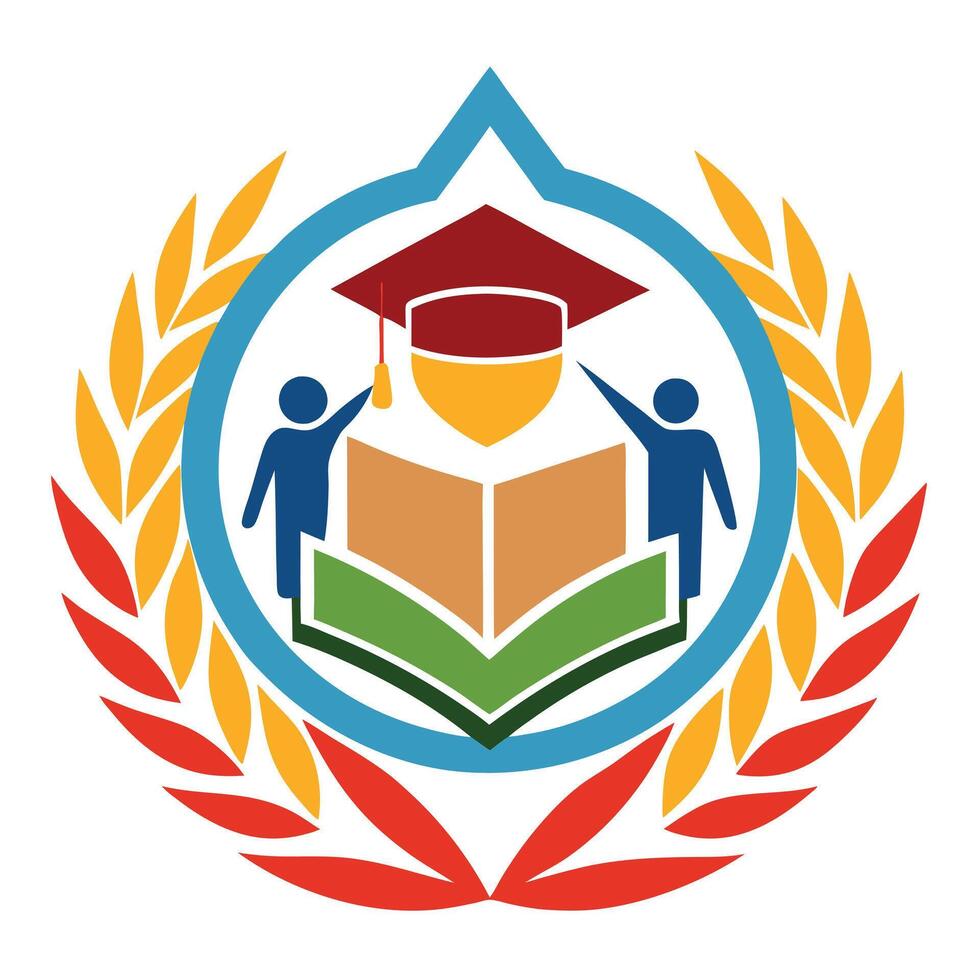 Education Logo Colorful Book with Graduation Cap and Laurels, Students, White Background vector