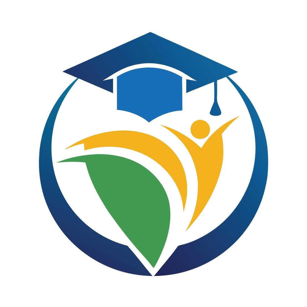 Education Logo with Person Figure, Mortarboard, Globe, Abstract Design on White vector
