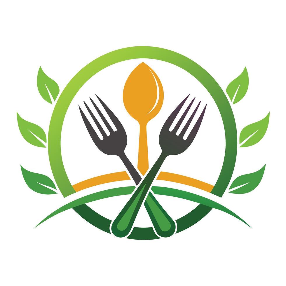 Spoon and Forks Crossed with Green Leaves Circle Design Element Isolated vector
