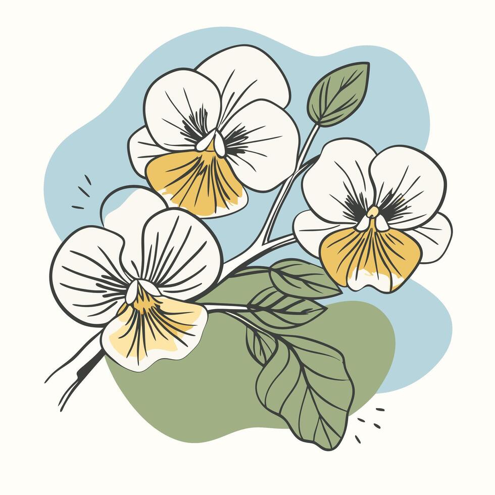 Elegant Floral Art HandDrawn White Pansies, Green Leaves, and Pastel Accents vector