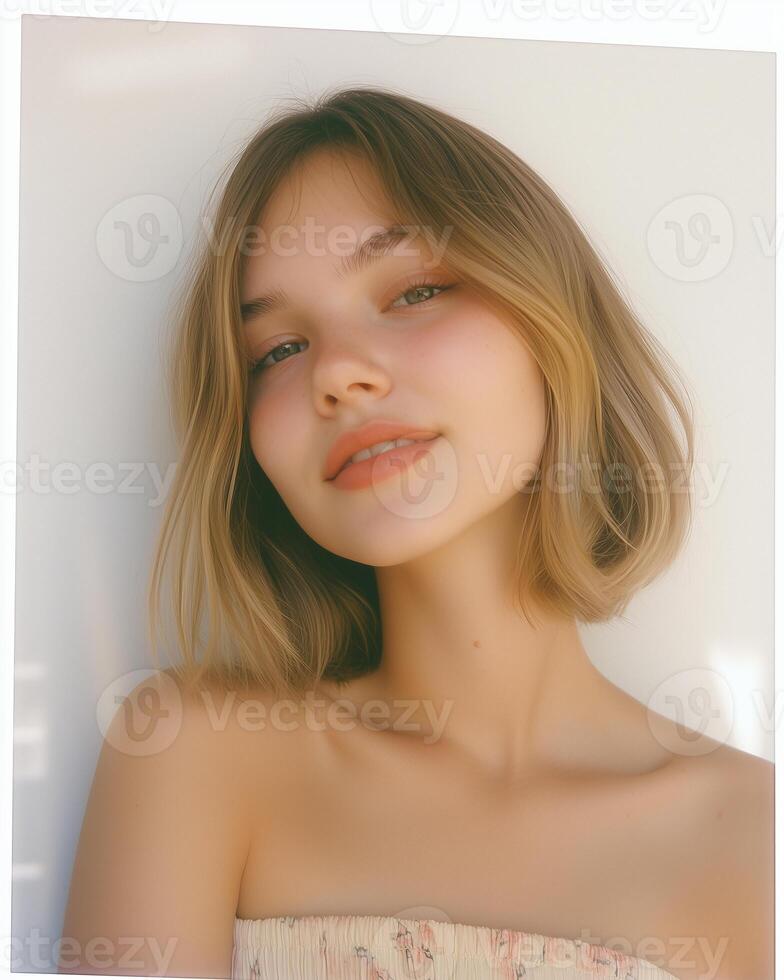 Young woman captures 80s nostalgia with a grainy selfie in a minimalistic dress photo