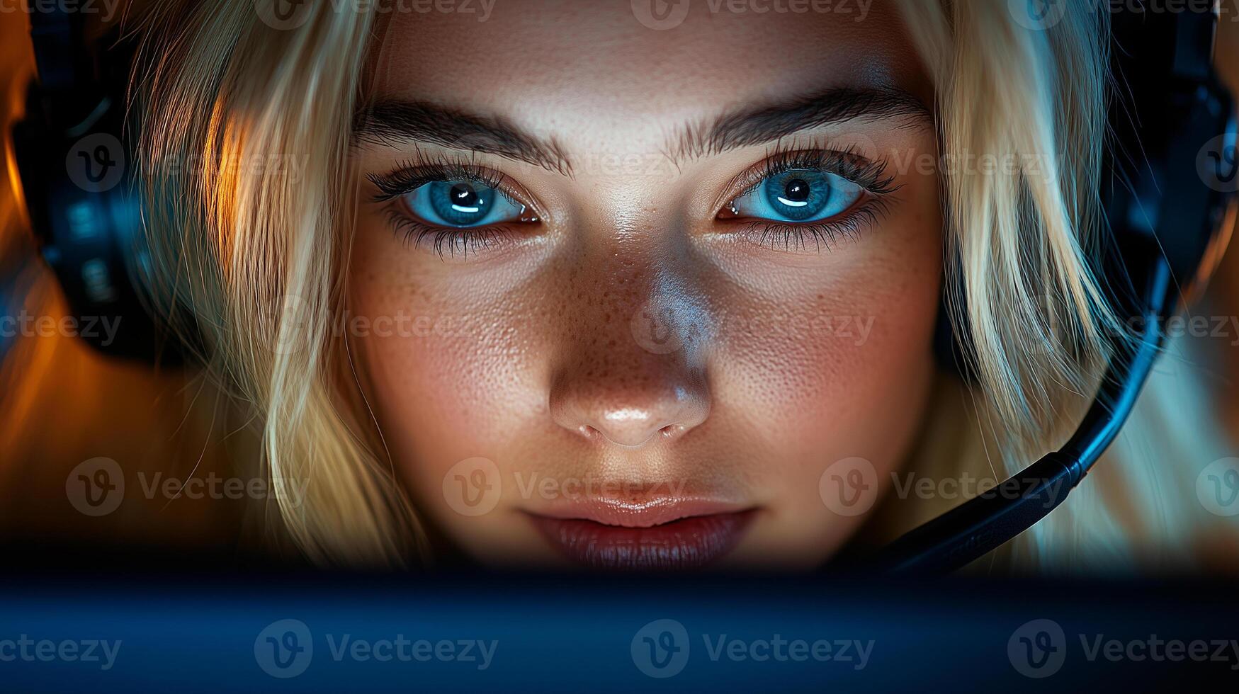 Call center agent working late at night with a laptop and headset for customer support photo