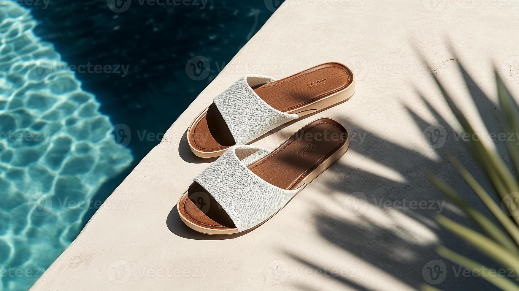 Minimalist brown and white linen mule sandals resting poolside in a serene outdoor setting photo