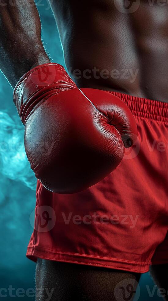 Close-up of a boxer wearing red shorts and gloves against a dark background with smoke photo