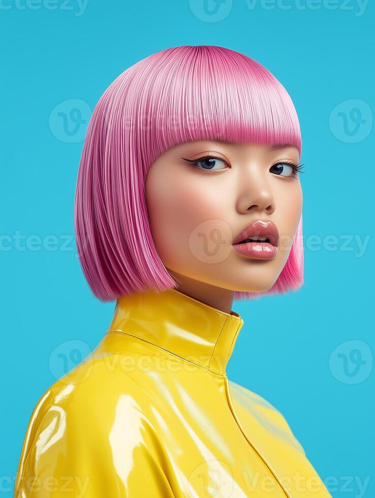 Model with pink straight hair in a yellow latex suit poses against a blue background for a fashion editorial shoot photo