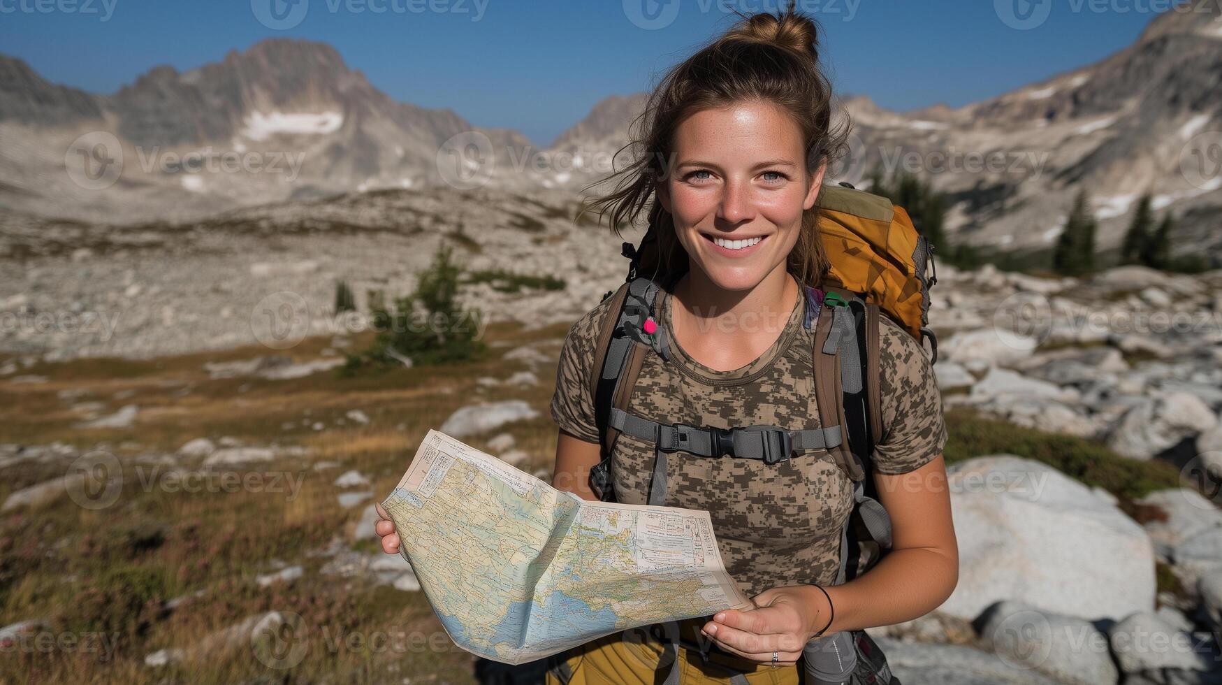 Brunette woman exploring rocky mountains while holding a map and smiling in natural light photo