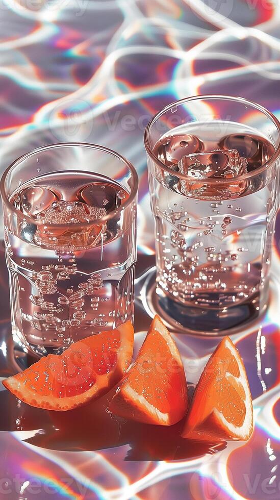Refreshing still life arrangement featuring glasses of sparkling water and orange slices under vibrant light photo