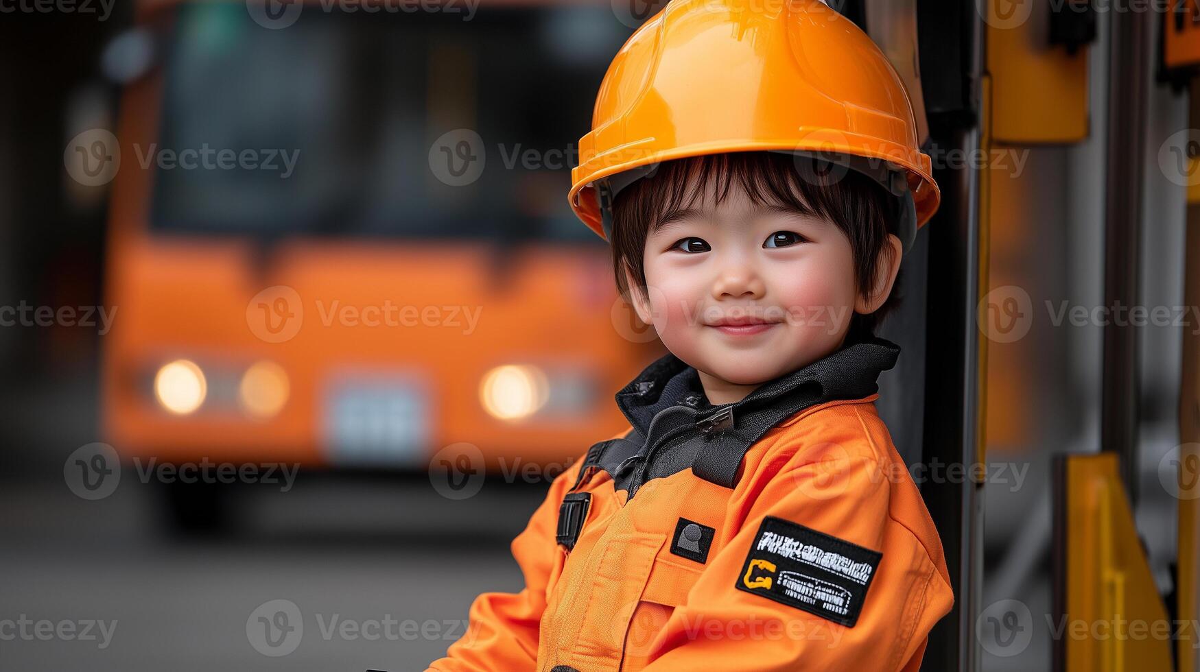 Cute Japanese boy in bus mechanics uniform poses cheerfully with bright orange bus in the background photo