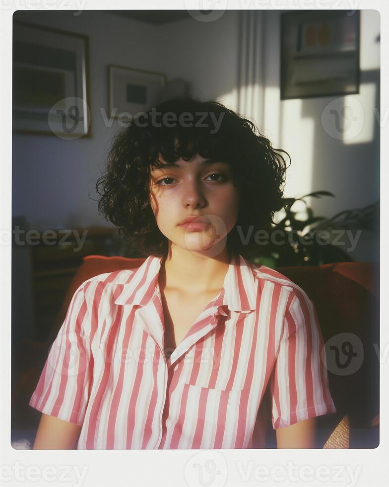 Teenage girl with curly hair in striped shirt sitting in cozy living room at sunset photo