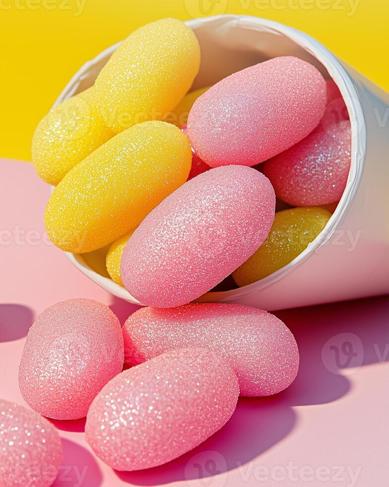 Glittery gum assortment fills vibrant cup creating an extravagant still life photo