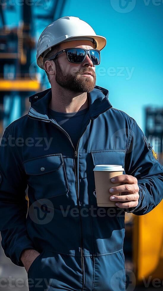 Port worker enjoys coffee break while observing cargo operations at shipping dock photo