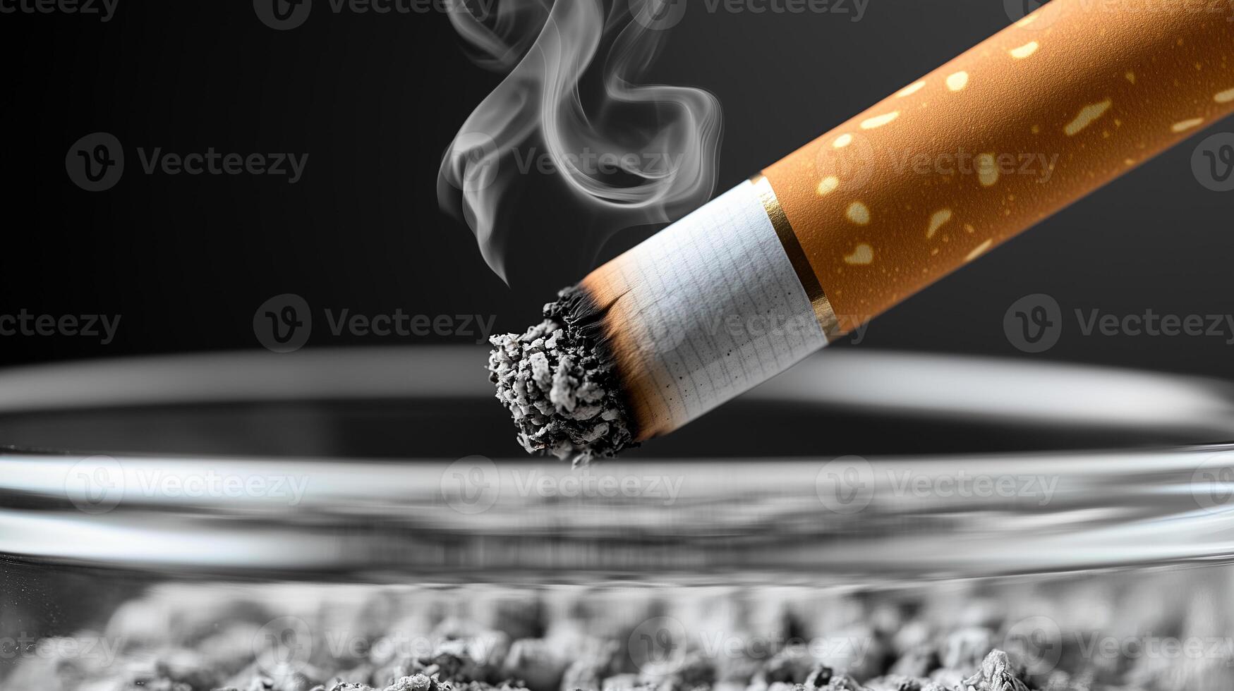 Cigarette in ashtray with lung-shaped smoke rising in black tone setting photo