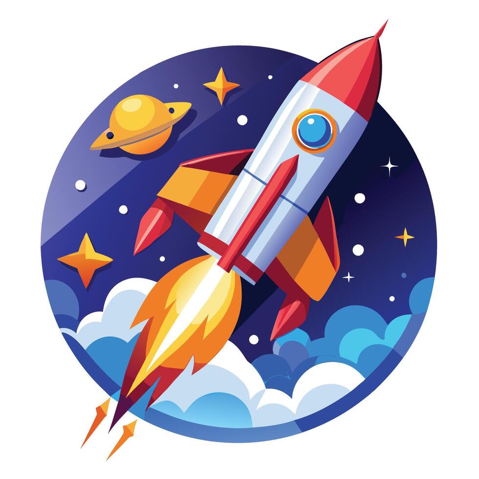 Cartoon Rocket Launching in Space with Planet, Stars, and Clouds vector