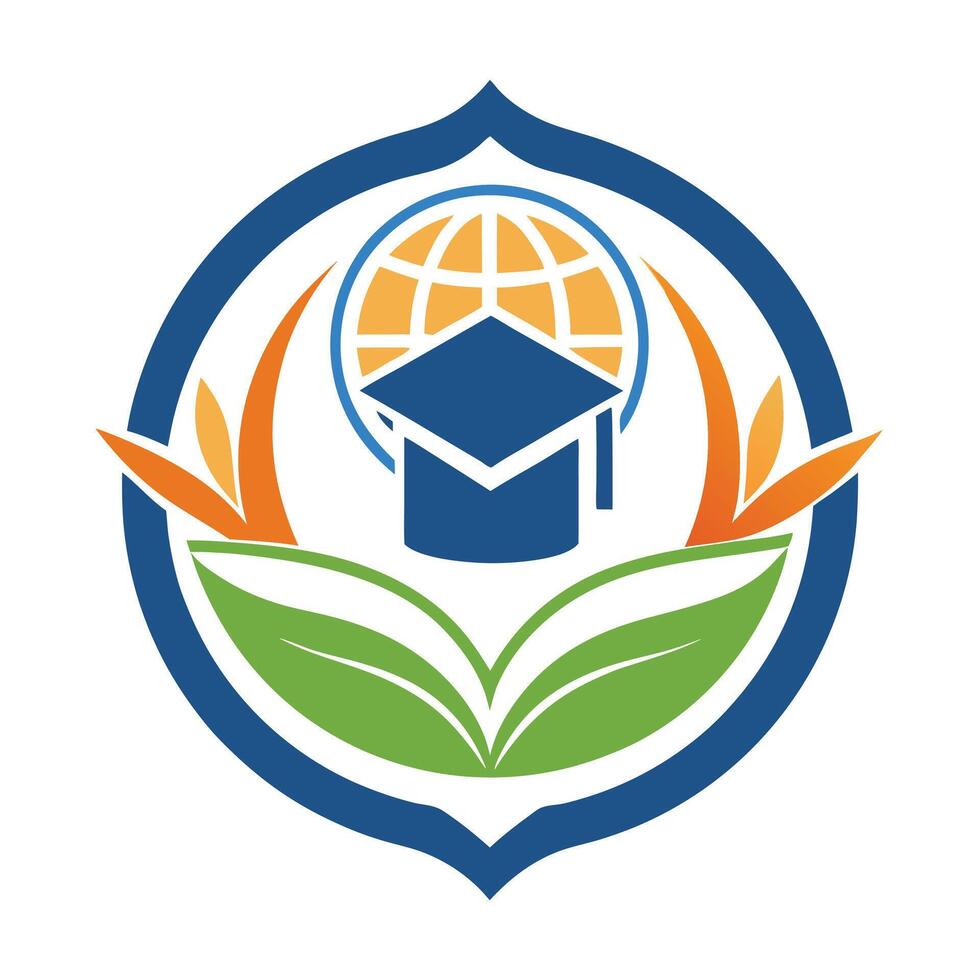 Education Icon with Graduation Cap, Globe, Leaves, Circle Border on White Background vector