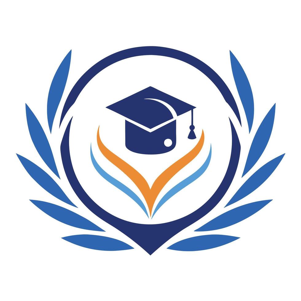 Graduation Cap Emblem With Laurel Wreath and Orange Accent on White Background vector