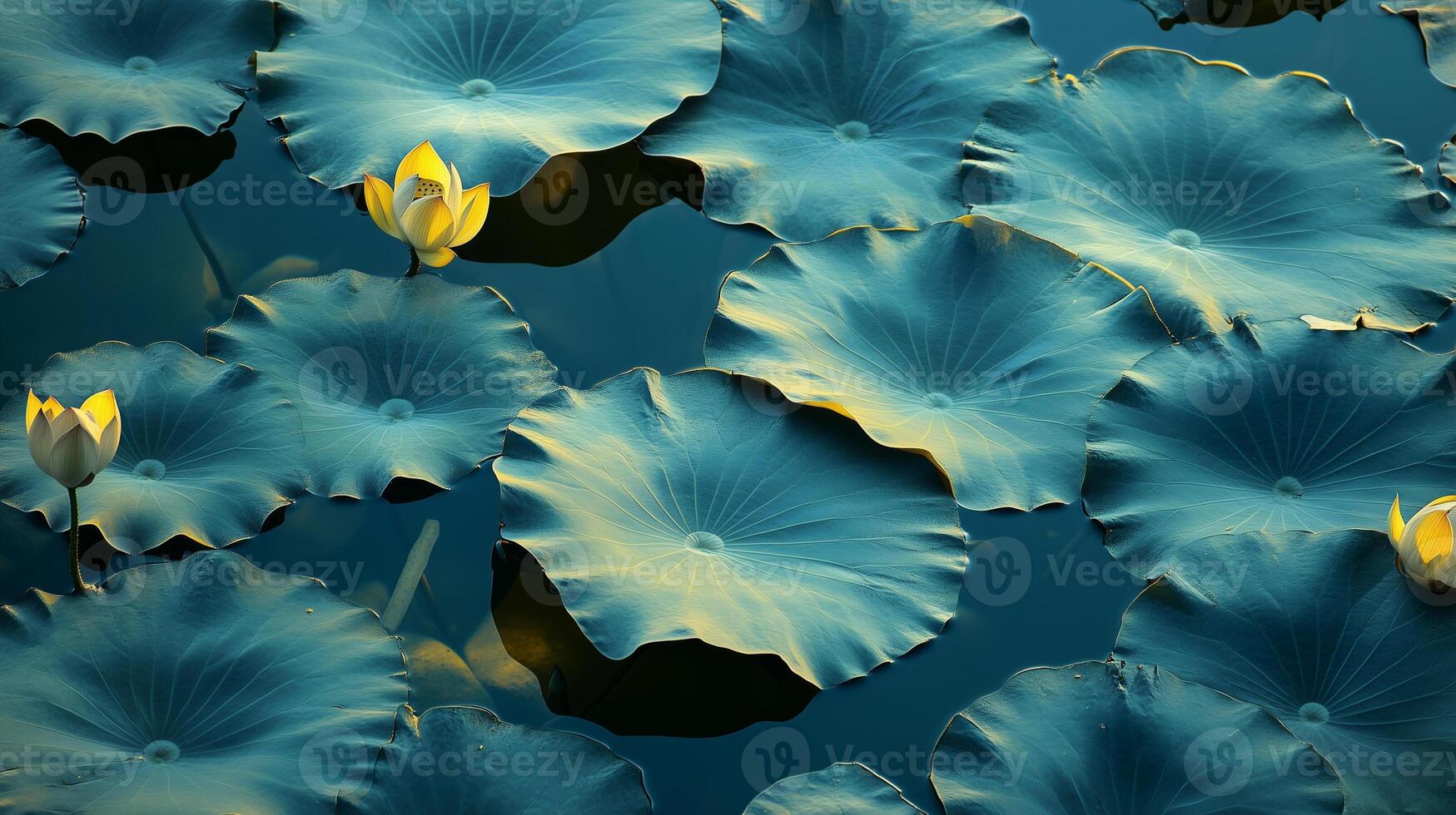 Crinkled lotus leaves floating gracefully on a tranquil pond surface at sunset photo
