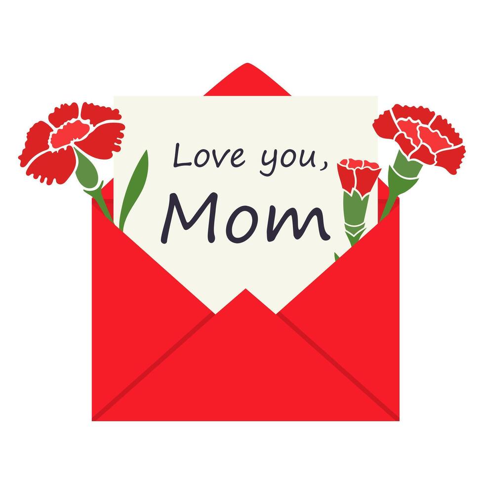 Open envelope with beautiful red carnations and lettering, Mothers Day card vector