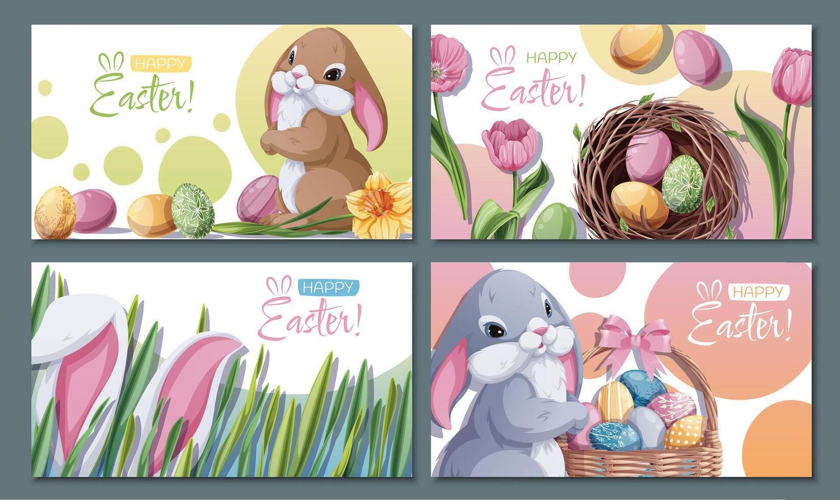 Set of Easter Banners Design with nest, Cute Bunny and Colorful Eggs. Happy Easter Celebration. Spring Backgrounds for Cards, Posters, Advertising. Perfect for Festive Promotions and Holiday. vector