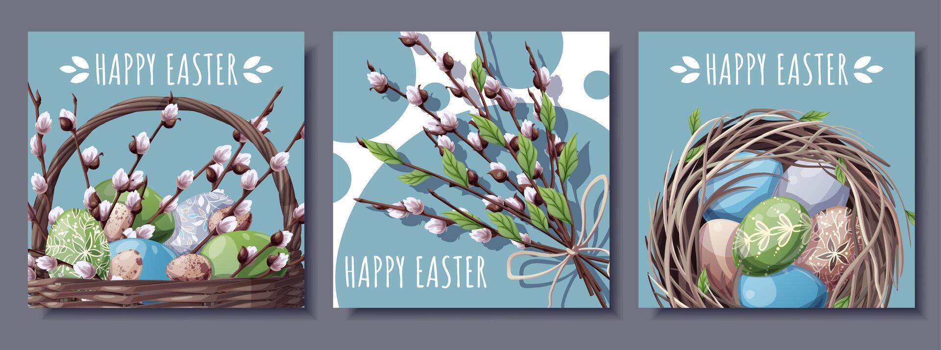 Happy Easter Square Card Set with Eggs in Nest, Basket and Willow Branches. Perfect for Banners, Posters, Social Media, and Festive Decor. Cheerful Illustrations. vector