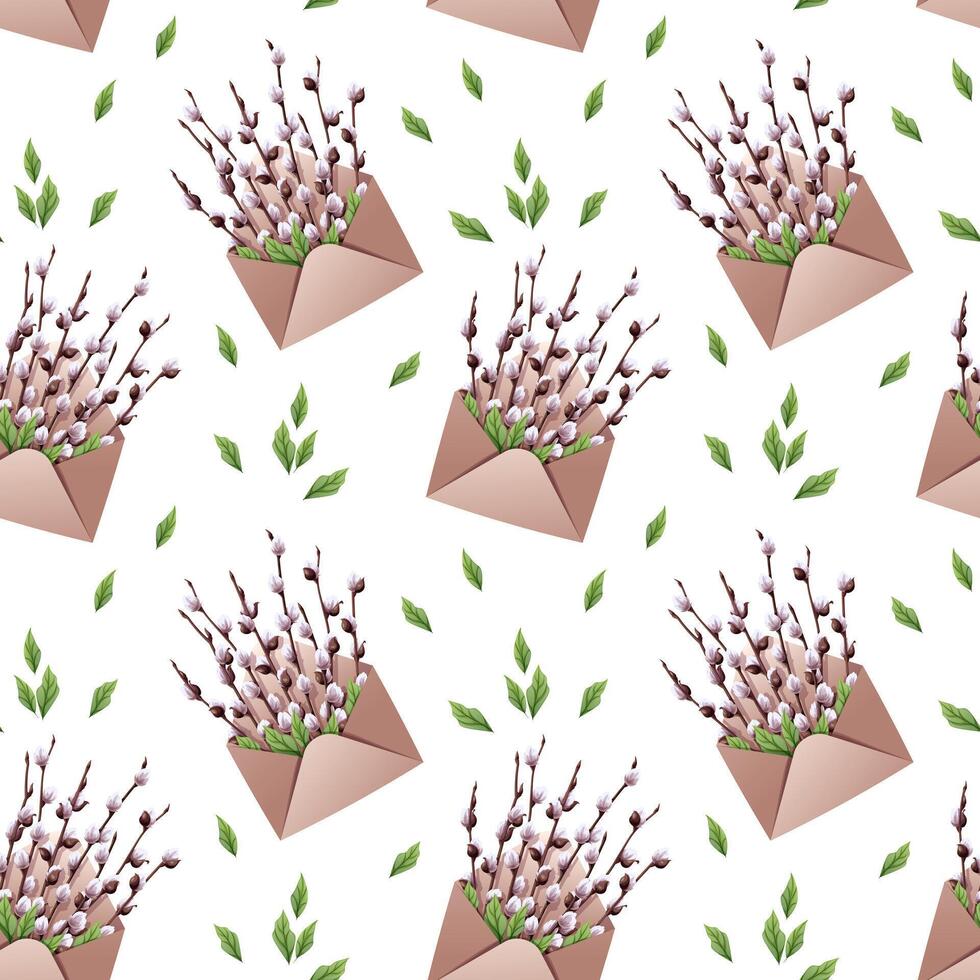 Seamless Pattern with an Envelope and Willow Branches with Leaves. Easter Texture with Nature Elements. Spring Background for Fabric, Wallpaper, Wrapping Paper, etc. vector