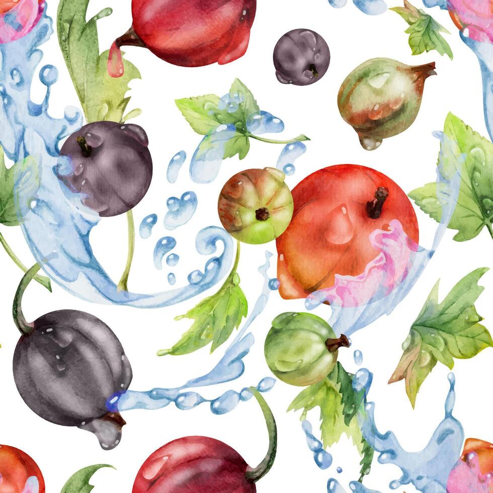 Currant gooseberry flying in water splash with green leaves and dew drops, ripe garden berry juneberry casseille jostaberry. Isolated seamless pattern hand drawn in watercolor. Fabric, wrapping paper vector