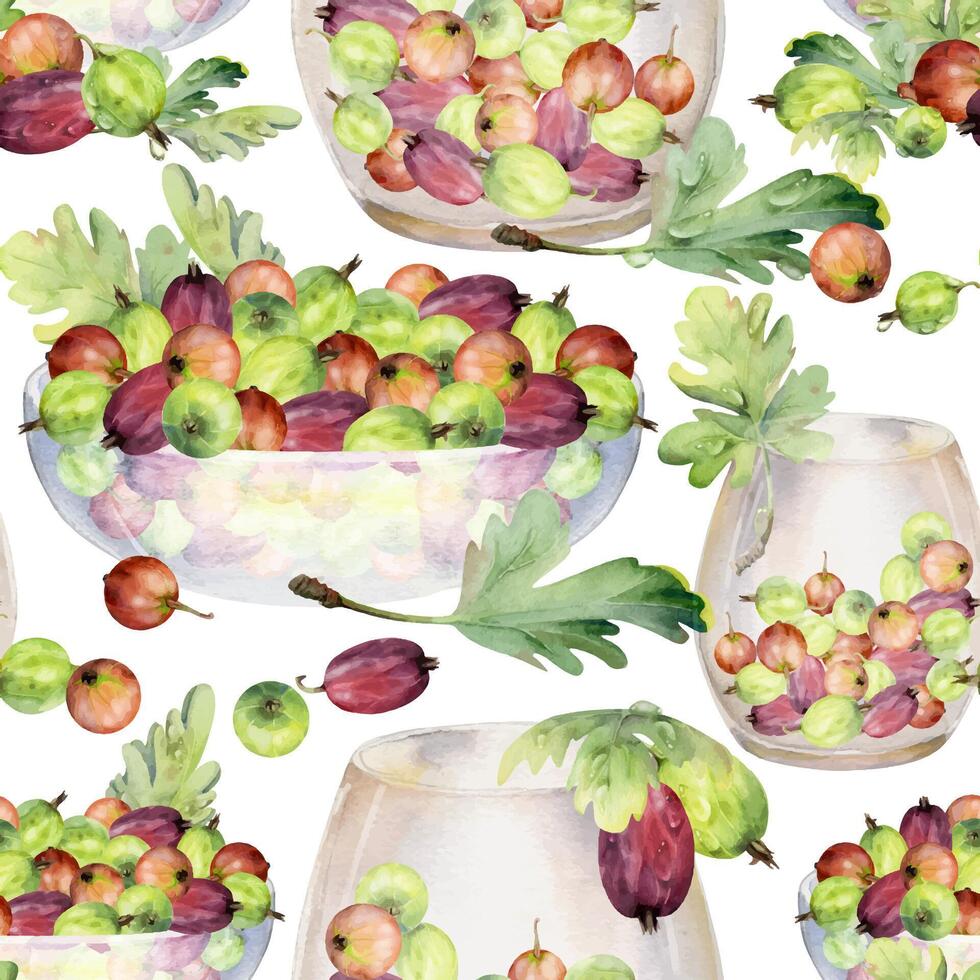 Gooseberry Currant with leaves in glass bowls, served ripe picked berry harvest. Isolated seamless pattern hand drawn in watercolor. Dessert cafe menu, cookbook, craft farmers market, gardening eco vector