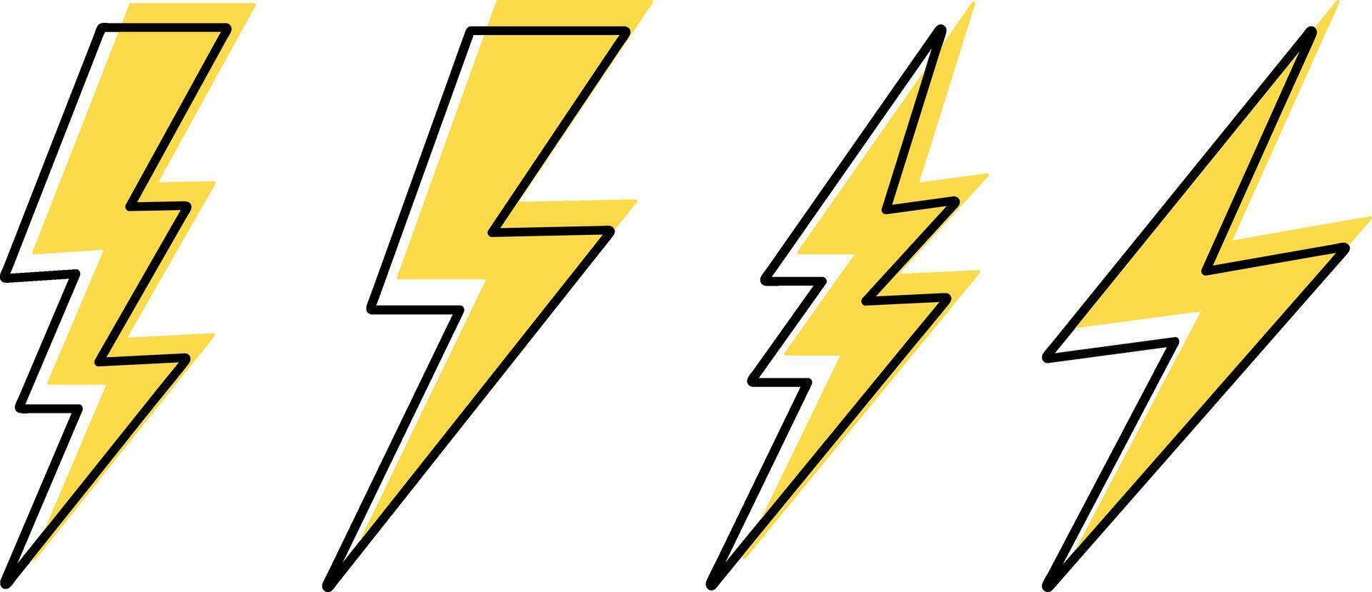 Doodle lightning set iconisolated on white. Thunder charging power for electricity and batteries. Hand drawn light vector