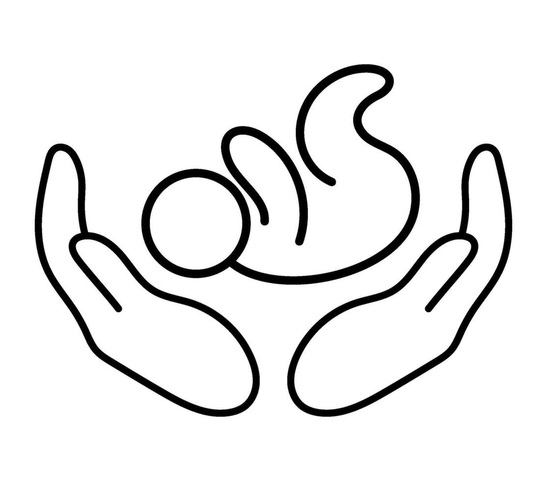 Minimalist Isolated Illustration of Infant Care Icon. Two hands cradling a small infant, symbolizing care and protection. Simple black and white design emphasizes nurturing and safety vector