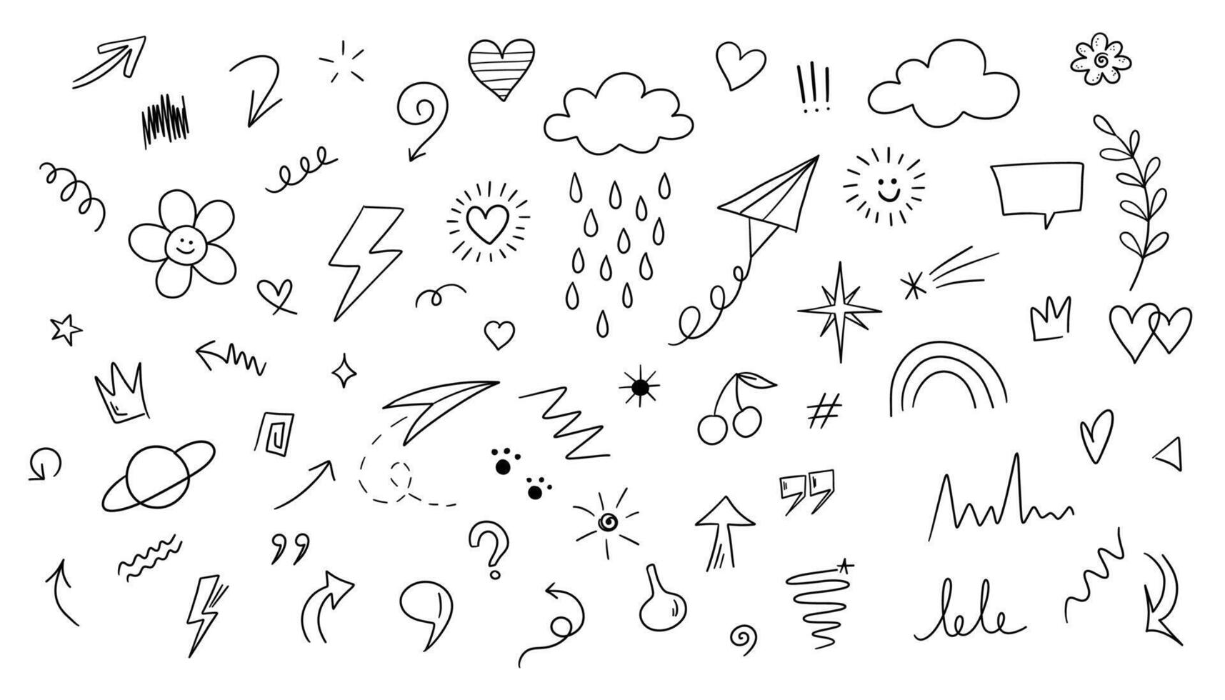 Hand drawn doodle arrows, clouds, rain, lightning, hearts, arrows, heart, arrow. illustration for your design vector
