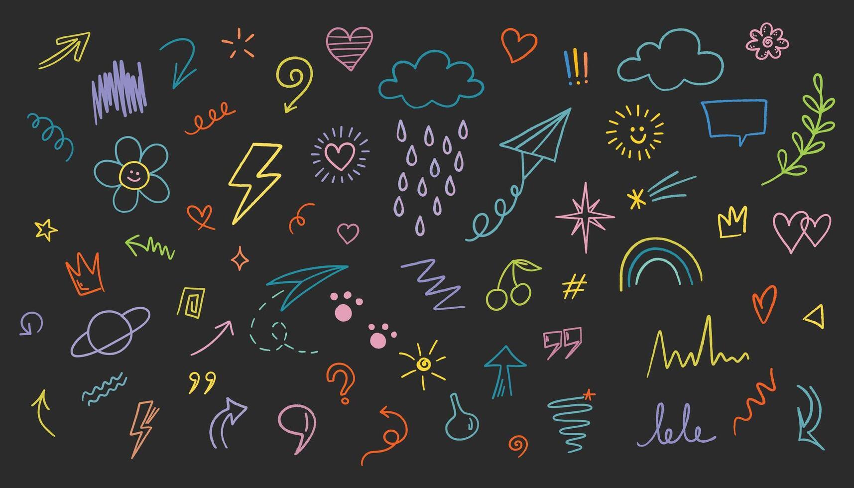 Hand drawn colored set of simple decorative elements. Grunge abstract chalk, crayon pencil style. illustration. vector