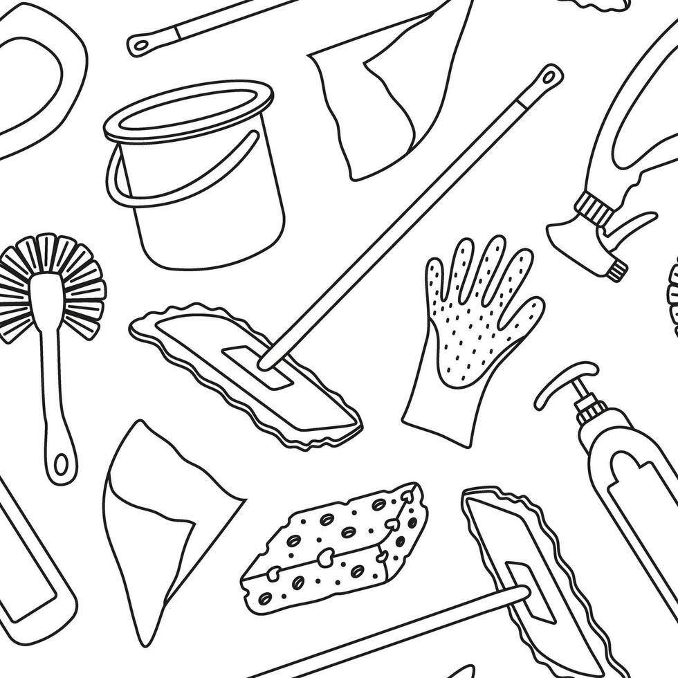 seamless pattern with items for cleaning the house in doodle style. Drawing for various projects with linear equipment for cleaning. vector
