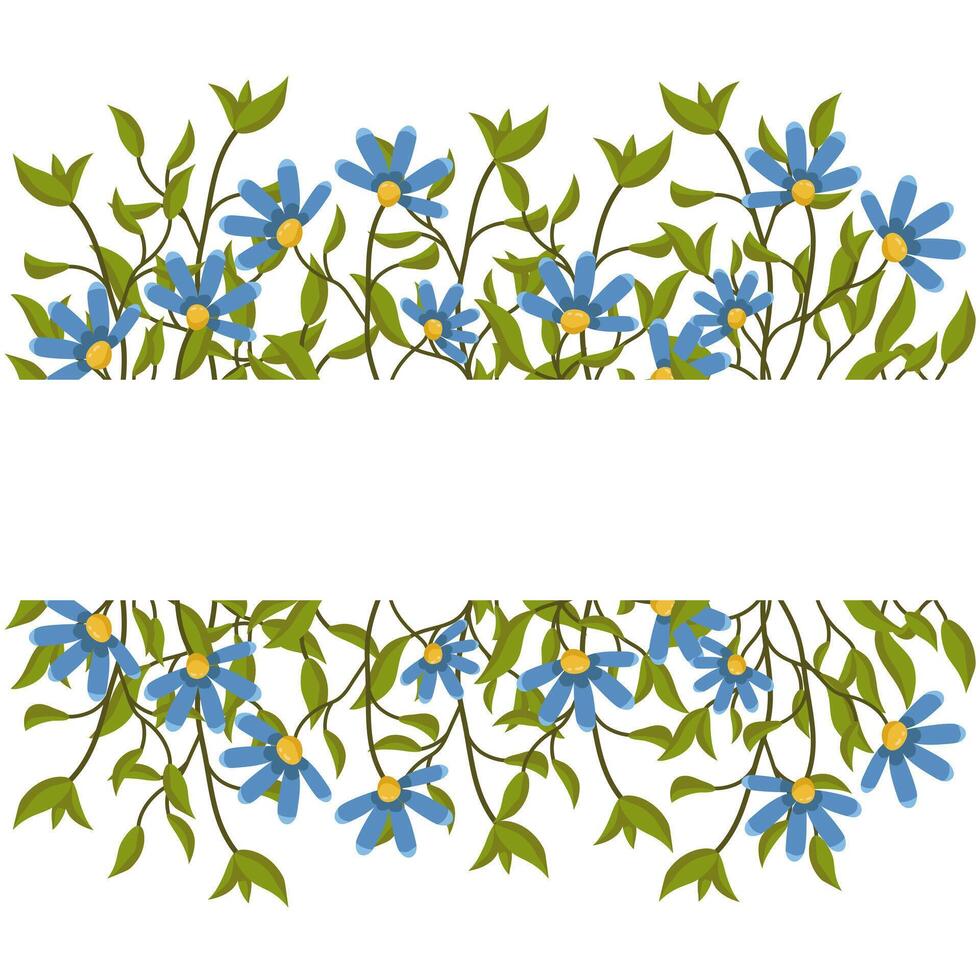 spring banner with blue flowers and space for text. Colored botanical illustration for greeting cards and invitations. vector