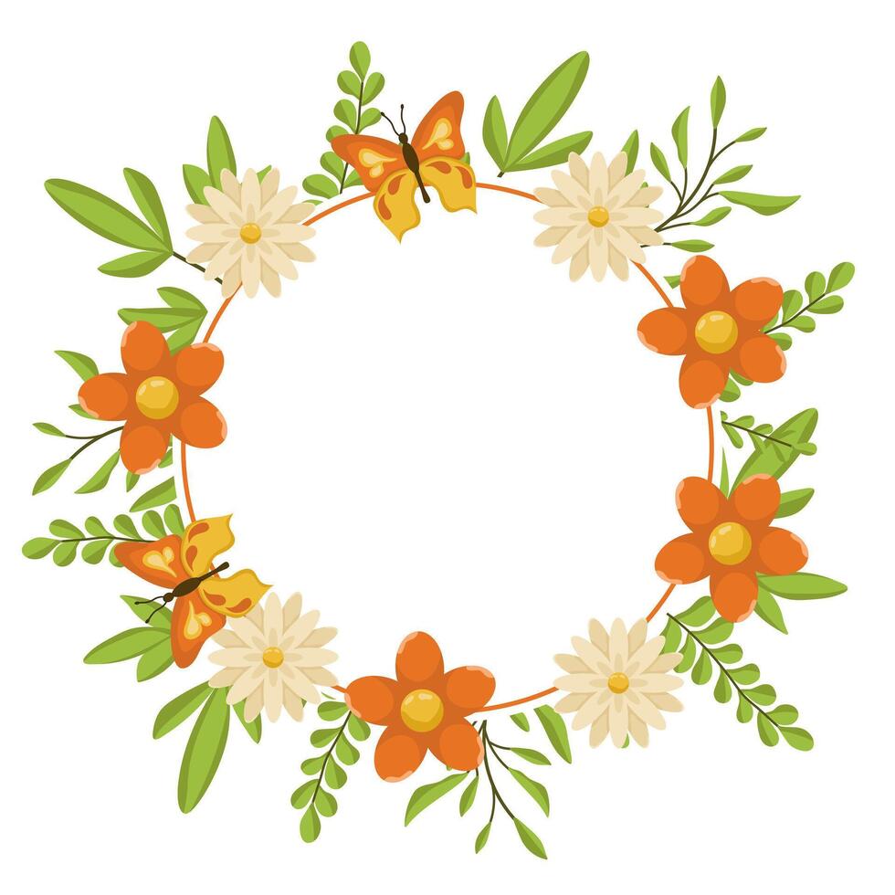 Bright Wreath with Flowers, Leaves and Butterflies. Spring Botanical Illustration for Cards and Invitations with Place for Text. vector