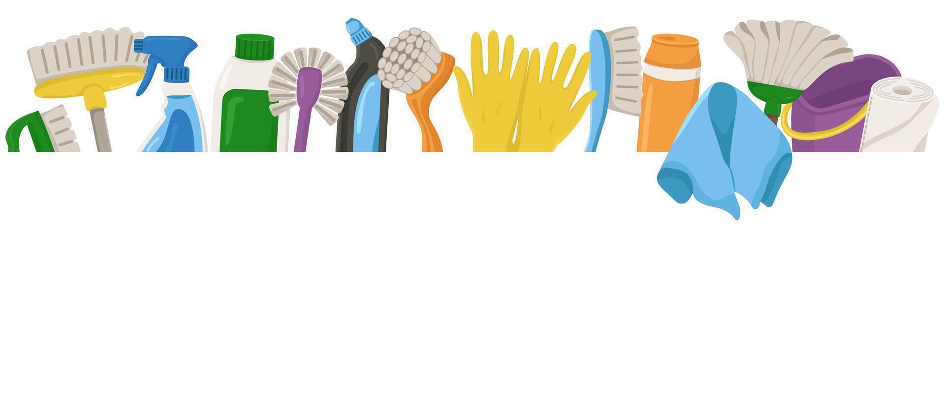 horizontal illustration with items for cleaning and house cleaning. Banner with objects for sanitation and copy space. vector