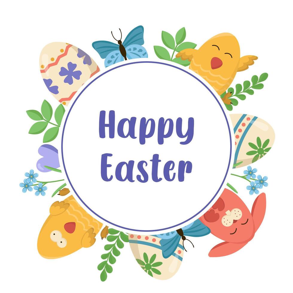 Easter card with bunnies, chicks and eggs. Easter egg hunt invitation template on white background. Easter religious holiday applique. vector