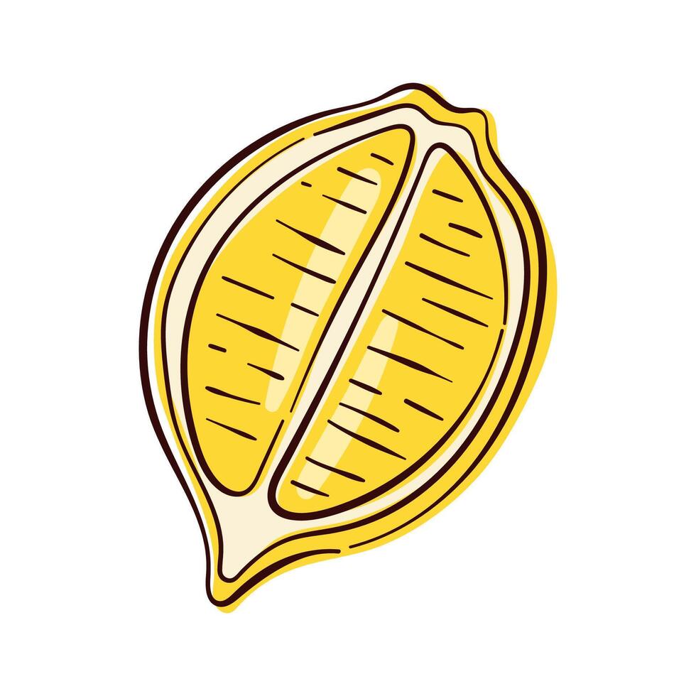 Lemon halves in flat style. Summer citrus fruit piece with segments. Design for cafe lemonade menu, fruit and grocery store. Isolated on a white background. vector