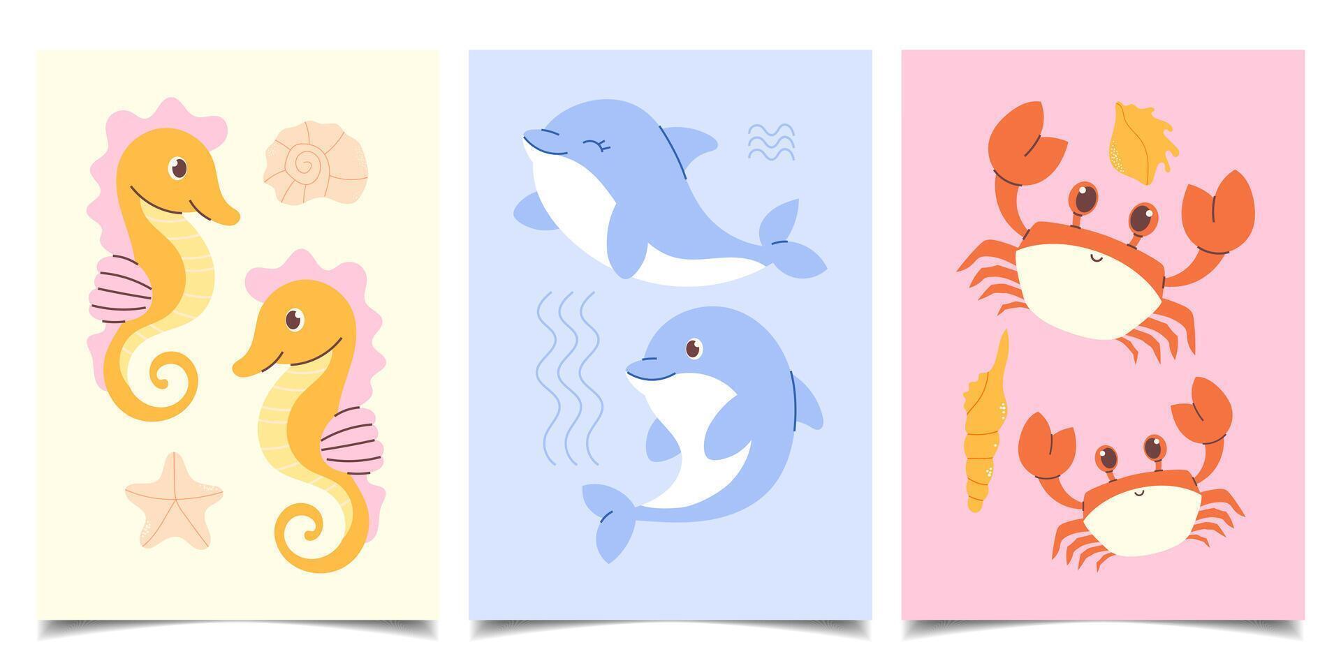 Set of children's postcards with hand-drawn sea animals vector