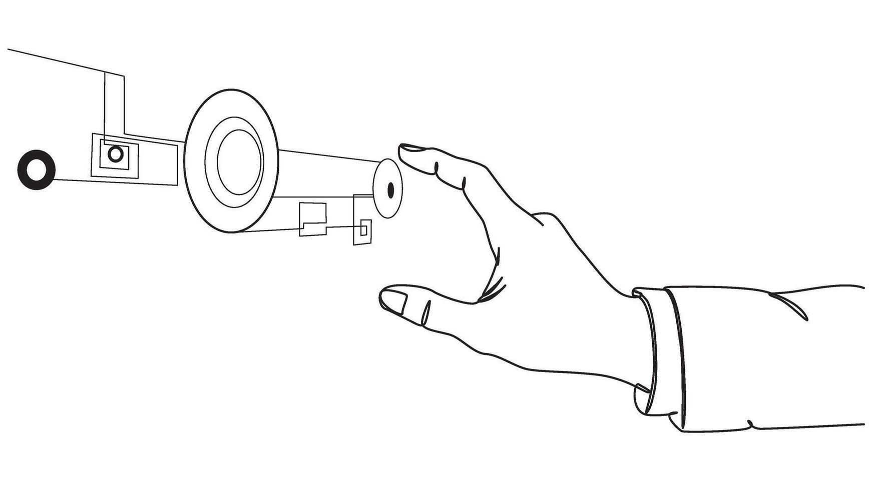 Abstract line drawing featuring a hand interacting with geometric shapes vector