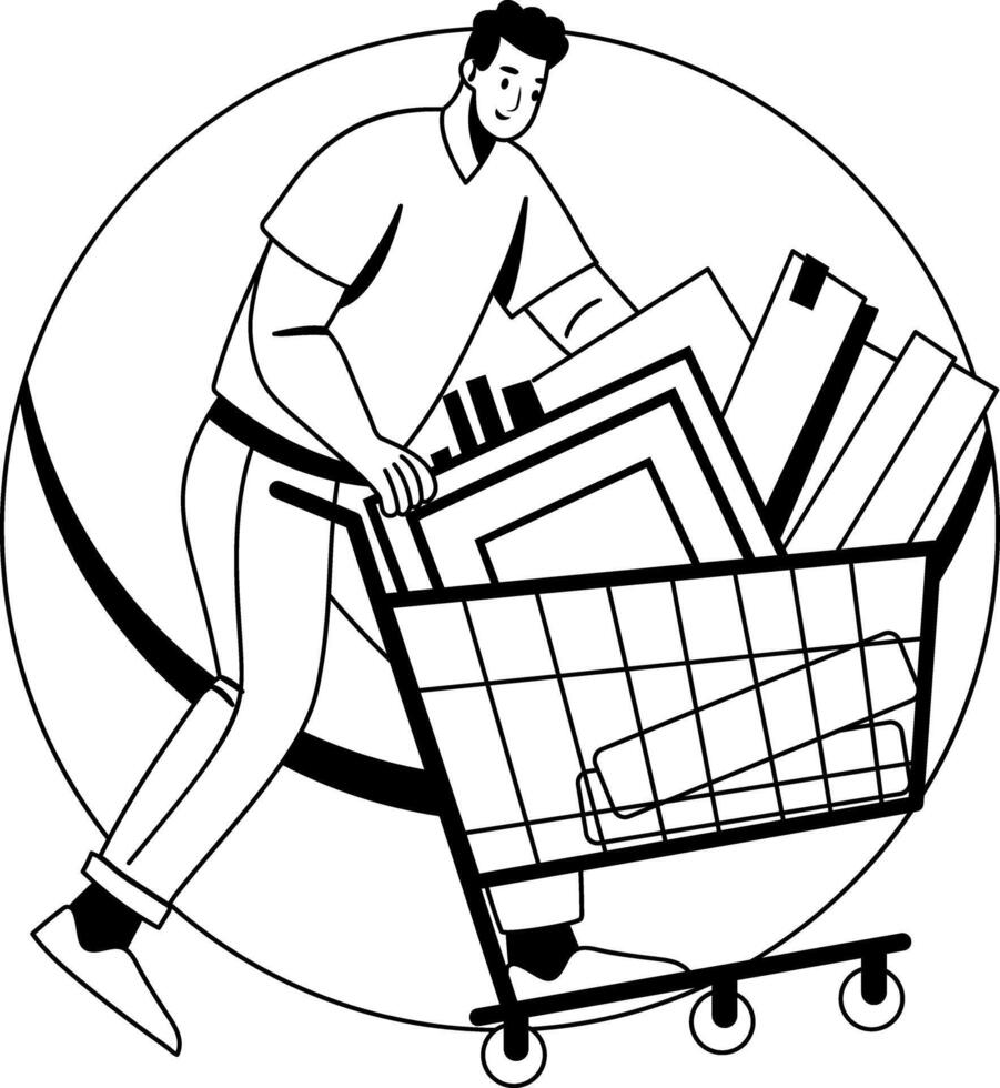 A glyph illustration of an employee rolling a cart full of files vector