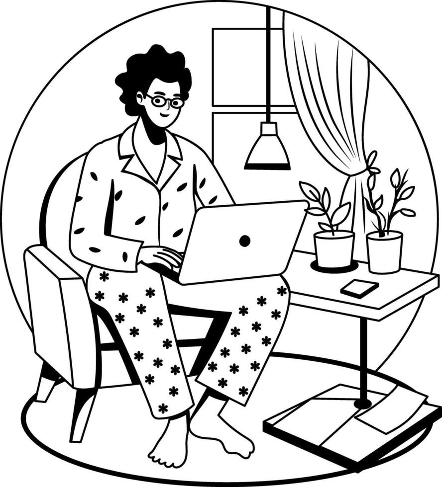 A glyph illustration of a person doing weekend work from home vector