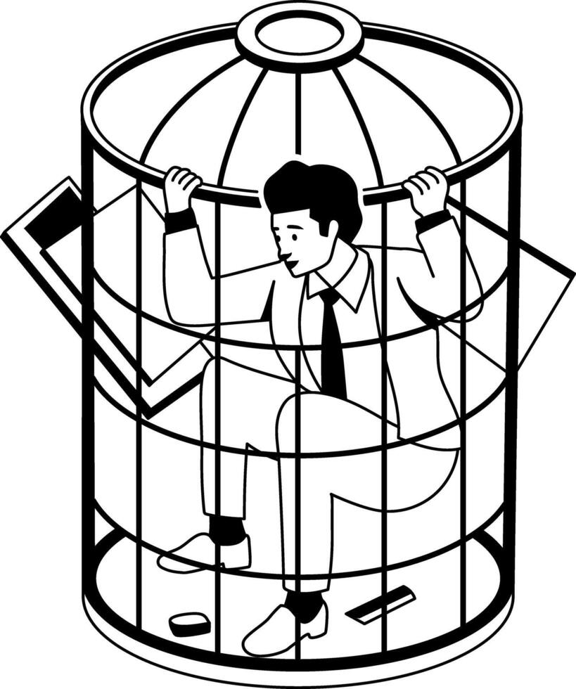 Employee stuck in an office cage, glyph illustration vector