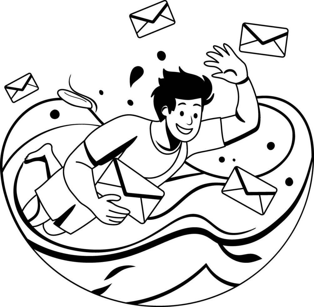 A glyph illustration of a man swimming in water with many emails vector