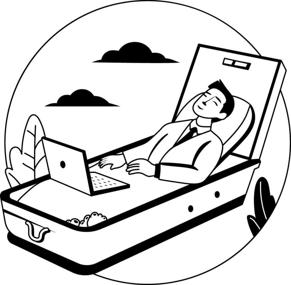 A glyph illustration of an employee working in a casket depicting overwork death vector